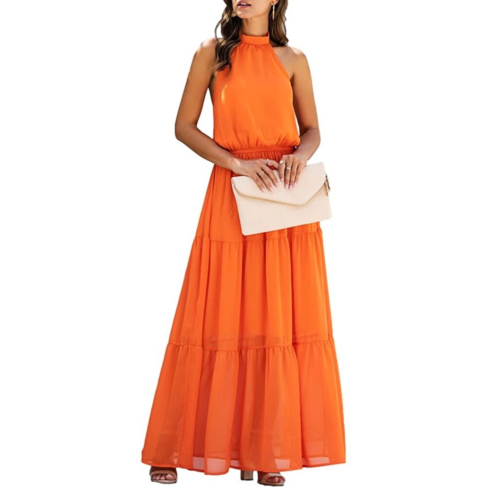 Halter Neck Sleeveless Orange Long MaxiBackless Loose Ruffle Sundress Sz S
